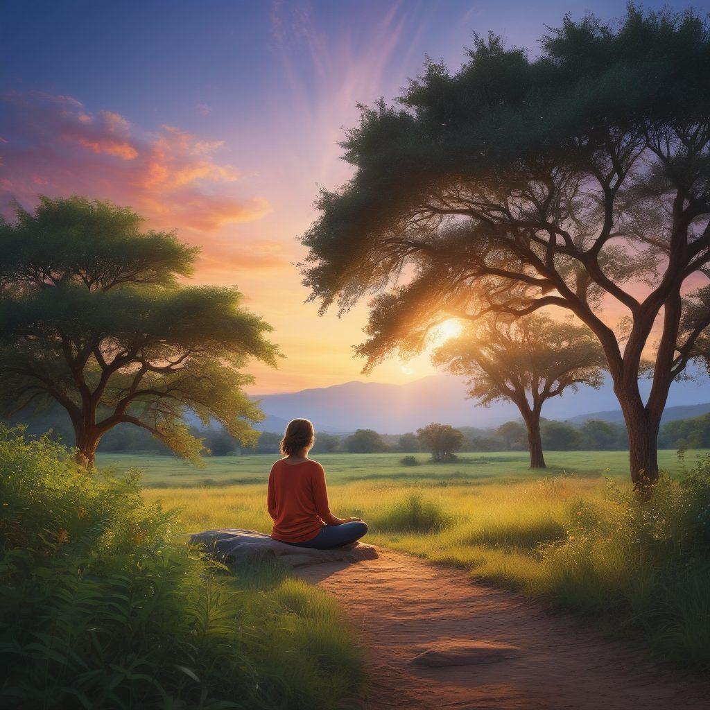 A serene landscape depicting a lone star shining brightly in a tranquil night sky over a peaceful rural setting, symbolizing comfort and security. In the foreground, a person sits peacefully in a meditative pose, surrounded by lush greenery and soft light, conveying a sense of harmony and satisfaction. The image should feel warm and inviting, emphasizing the theme of peace of mind and satisfaction in life. super-realistic. vibrant colors. soft focus.