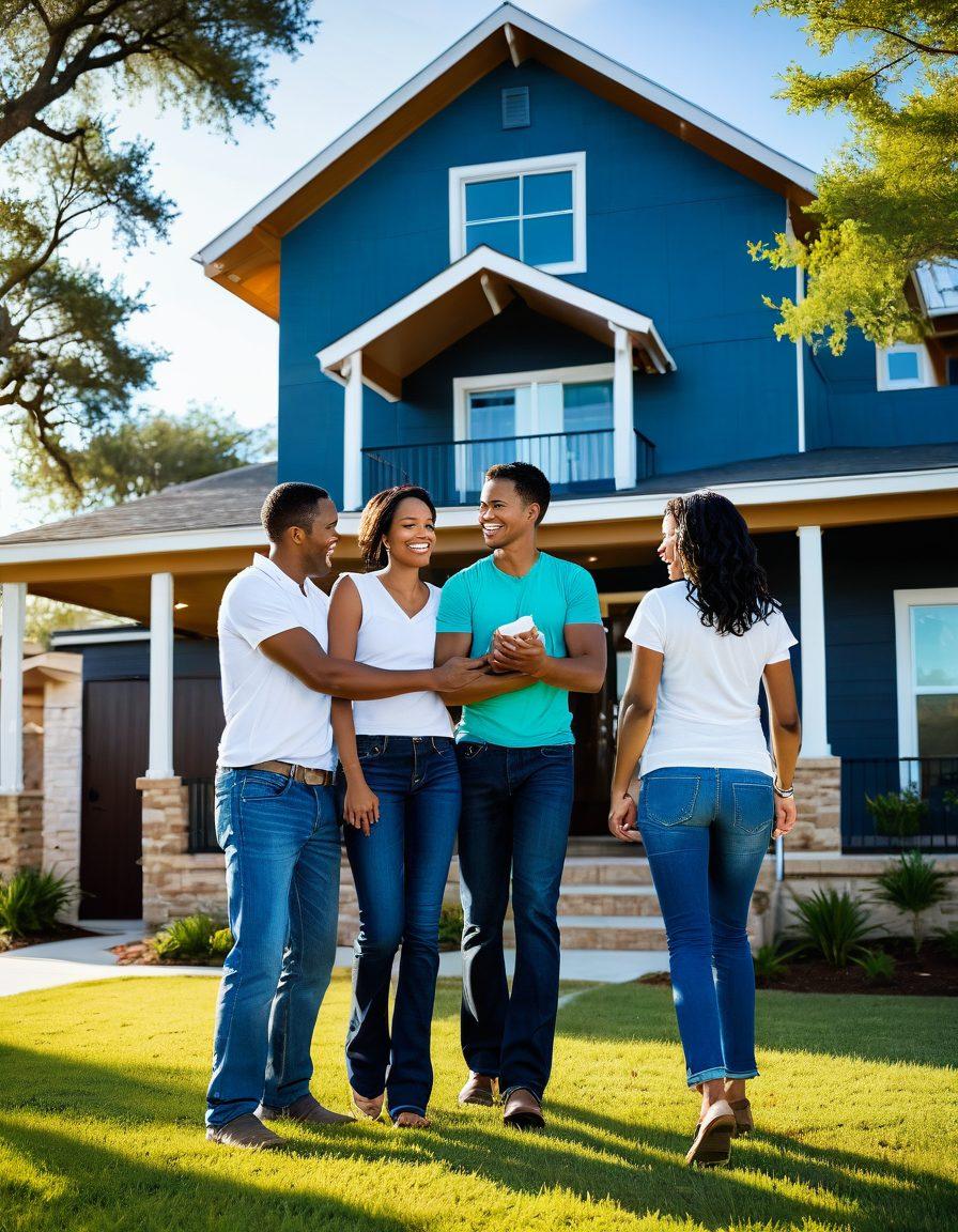 A happy Texan family engaged in outdoor activities under a bright blue sky, showcasing the warmth and community spirit of Texas. The scene includes elements like a modern home, insurance documents, and symbols of security such as a shield or a padlock subtly integrated into the background. Bright colors emphasize optimism and affordability. super-realistic. vibrant colors. white background.