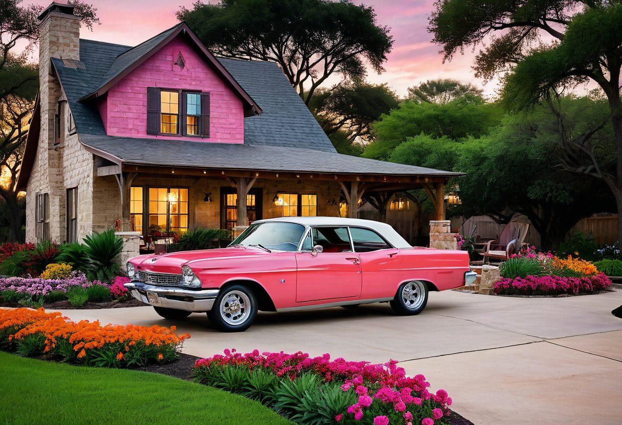 A warm and inviting Texas home with a vintage car parked outside, surrounded by lush greenery and a vibrant sunset. Incorporate a cheerful family enjoying a backyard barbecue, emphasizing their joyful lifestyle. Include elements symbolizing insurance, like gentle waves representing protection, subtly in the background. super-realistic. vibrant colors. warm tones.